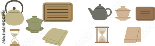A collection of essential kitchen tools includes a teapot, a tea cup, a tray, an hourglass, and a towel, perfect for creating a peaceful tea-drinking experience.