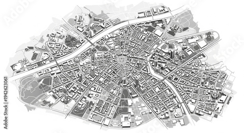 Detailed aerial view of a European city with intricate street patterns.