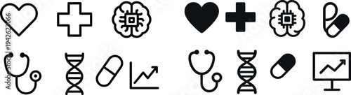 Various icons symbolize key elements of health and medicine including a heart, stethoscope, DNA, and medical cross. These signify wellness and healthcare advancements.