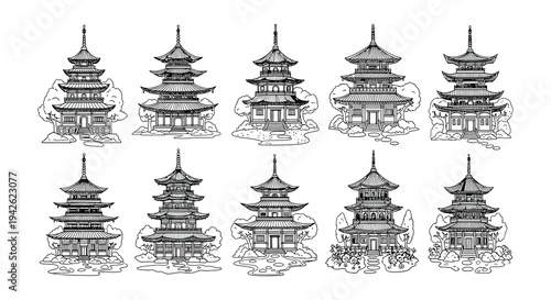 Intricate black and white illustration of traditional asian temples and gardens