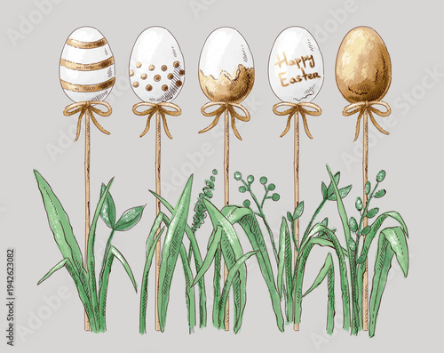 Clip art with Easter eggs with drawings and grass. Vintage postcard composition. Imitation of pastels, hand-drawn.