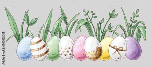 Clip art with colorful Easter eggs and grass. Happy Easter. Vintage postcard composition. Imitation of pastels, hand-drawn.