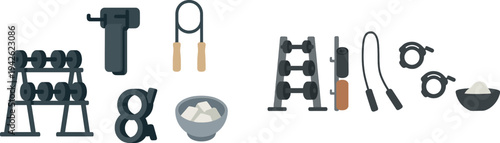 Weights, a pull-up bar, a jump rope, and a bowl of sugar are grouped, showcasing essentials for workouts and healthy living in a minimalistic style.