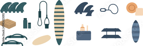 A collection of surfing accessories is laid out, featuring fins, a surfboard, leash, wax, and other essential gear for surfers preparing for the waves.