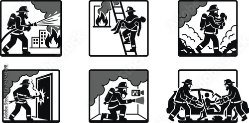 Firefighters Performing Rescue Operations Including Extinguishing Fires Saving Victims and Vehicle Extrication