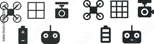 Various elements of drone technology are displayed, featuring a compact drone design, battery, remote control, camera, and grid for layout reference.