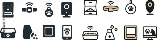 Various innovative pet care devices designed to enhance monitoring, feeding, and overall management of pet health and safety in a household.