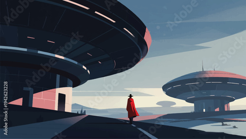 Illustration Of An Adventurer Walking On A Long Futuristic Road Vector Design Template