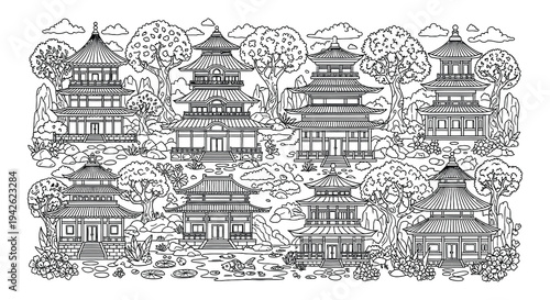 Intricate black and white illustration of traditional asian temples and gardens