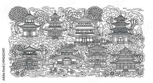 Intricate black and white illustration of traditional asian temples and gardens