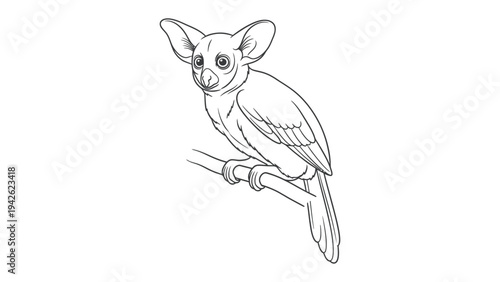 Bush Baby Line Art: An exquisite detailed illustration of a bush baby gracefully perched on a branch, perfect for coloring and educational projects.