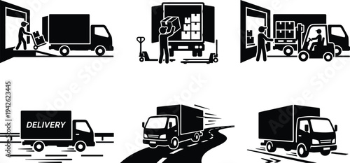 Logistics and Fast Delivery Service Icons Featuring Warehouse Loading Forklift Operations and Cargo Trucks on the Road