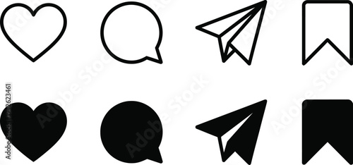 Social media icons vector illustration, flat design symbols, heart, chat, paper plane, bookmark, scalable graphic elements