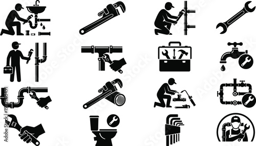 Professional Plumbing Service Icons Set Featuring Plumbers Repairing Pipes Faucets and Essential Tools