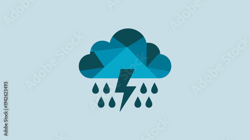 A geometric illustration of a stormy weather icon with rain and lightning