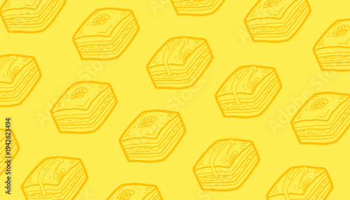 Baklava Seamless Pattern. Middle Eastern Pastry Illustration. Handdrawn Honey Dessert. Repeating Sweet Food Background. Decorative Packaging Textile Design.