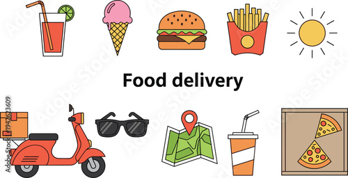Food delivery service icon set featuring scooter, pizza box, burger, fries, ice cream, soda, map location, sunglasses, and sun, vector.