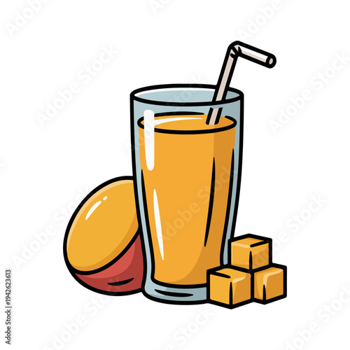 Mango Smoothie Healthy Tropical Fruit Drink in Glass with Fresh Mango and Cubes