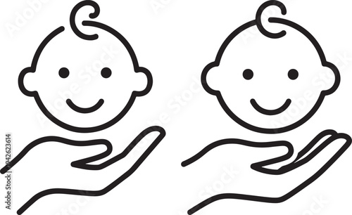 Two simple icons of a baby face being held in cupped hands, representing care, protection, and new life