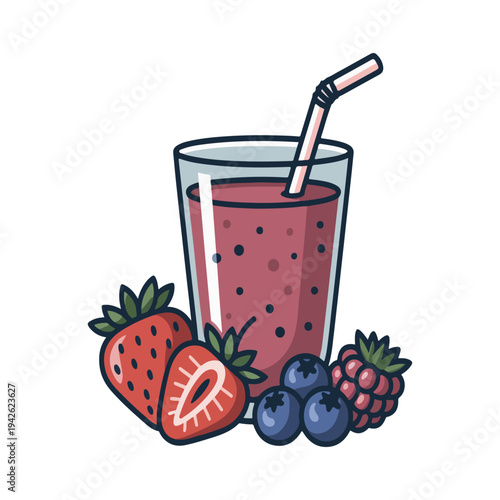 Mixed Berry Smoothie Healthy Fruit Drink in Glass with Fresh Strawberry and Blueberry