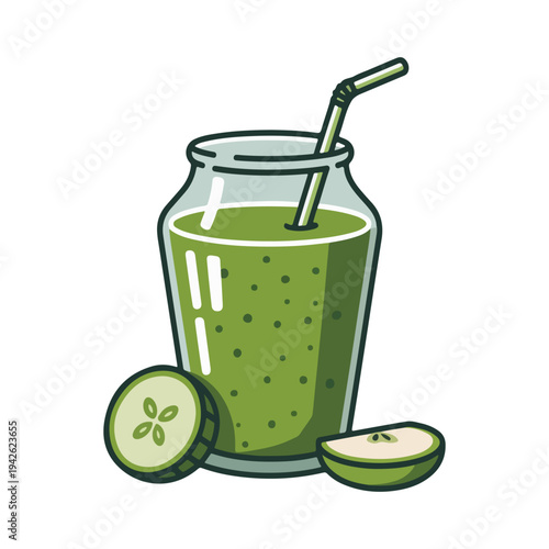 Green Detox Smoothie Healthy Vegetable Drink in Jar with Cucumber Slice