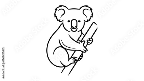 Simple Koala Drawing: A charming, minimalist illustration of a koala clinging to a eucalyptus branch, perfect for educational materials or playful designs.