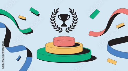 A colorful illustration of a trophy and ribbons celebrating a prize or achievement