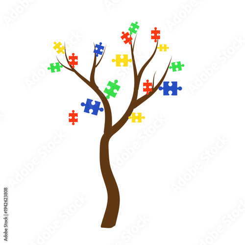 A tree with puzzle-shaped leaves. Vector illustration. Drawing dedicated to World Autism Awareness Day. Background concept for an engaging educational game for children. Not AI.