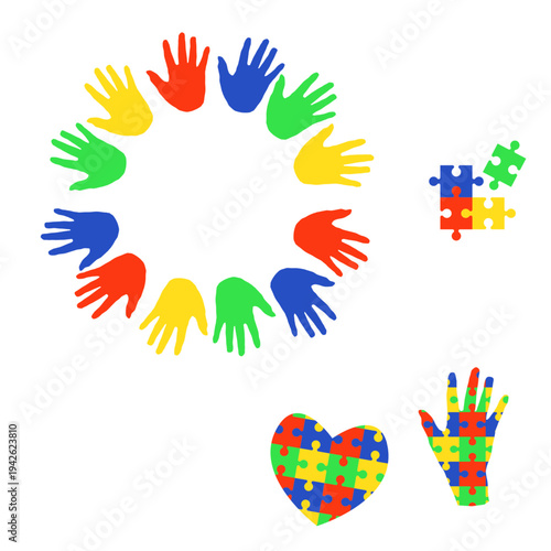 A set dedicated to World Autism Awareness Day featuring many hands. Vector illustration. The hand and heart are decorated with a puzzle pattern.
