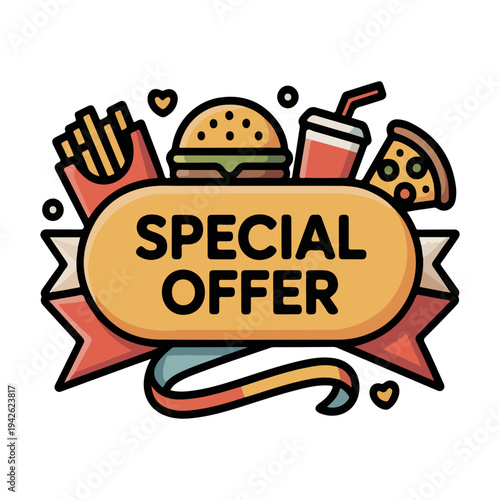 Food Promotion Label Vector Illustration of Special Offer Ribbon with Fast Food Icons