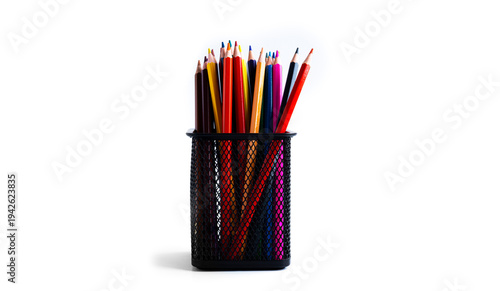 Fotografía Colorful pencils in the organizer are isolated on a white background