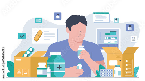 A man carefully checks the label on a medication bottle surrounded by various pharmaceuticals and digital security icons.