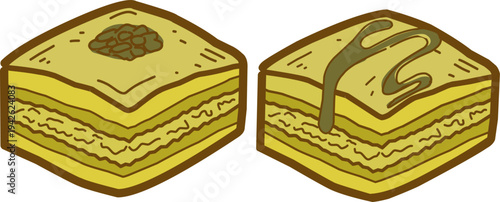 Doodle Baklava. Middle Eastern Pastry Illustration. Handdrawn Honey Dessert. 