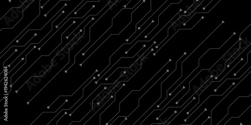 Abstract black circuit board pattern background. Diagonal digital network lines and nodes vector illustration.