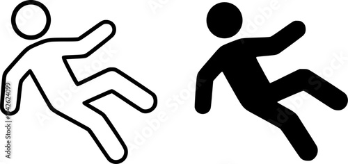 Falling symbol icon, black and white in outline and silhouette design style