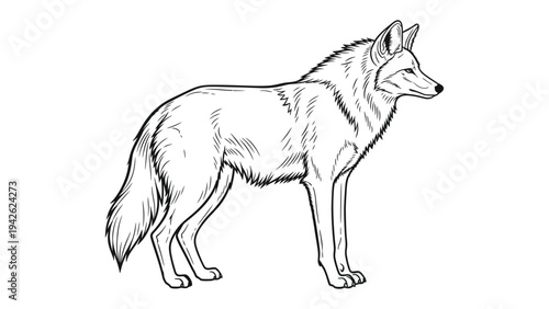 Coyote Illustration: A black and white line drawing depicts a standing coyote, showcasing its lean build, bushy tail, and alert ears, ready for the wild.