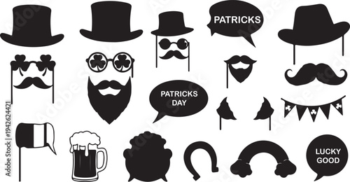 St. patrick's day icon set with hats, mustaches, beards, speech bubbles, beer mug, and horseshoe