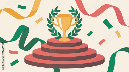 A golden trophy sits atop a red podium with confetti and ribbons in the background, symbolizing achievement and celebration.