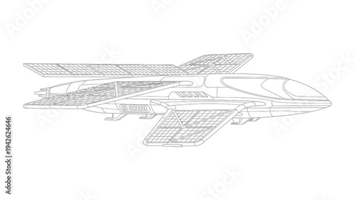 Futuristic Solar Aircraft Blueprint: Detailed black and white line drawing of a futuristic aircraft powered by solar panels, showcasing innovative design and sustainable technology.
