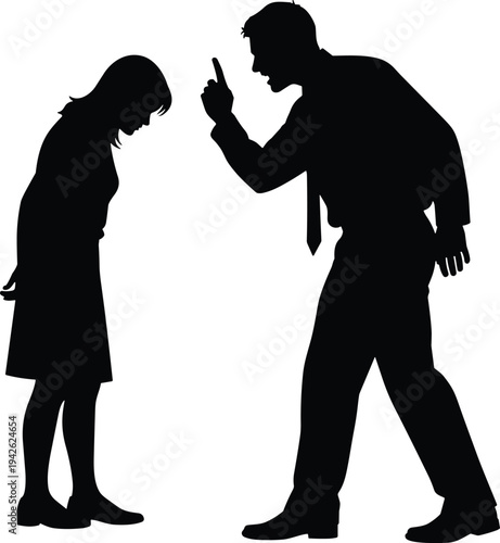 Angry Boss Silhouetted Scolding Female Employee in Office Professional Conflict Disciplinary Action Workplace Harassment Confrontation Argument Between Man and Woman Silhouette