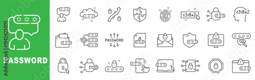 Password and authentication outline icon set featuring secure login, encryption, biometric verification and cybersecurity protection editable stroke vector design.
