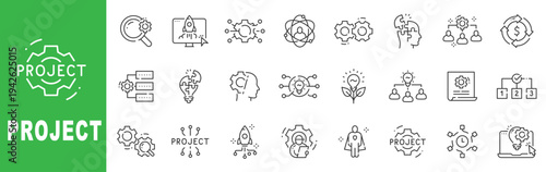 Project management line icon set featuring innovation, teamwork, startup launch, gears, analytics and editable stroke outline business symbols.