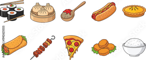 Hand-drawn international food collection featuring sushi rolls, dim sum, hot dog, pepperoni pizza, meat kabob, chicken nuggets, and rice bowl, vector.