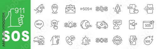 911 SOS emergency line icon set featuring alert buttons, ambulance, rescue helicopter, hotline calls and editable stroke outline symbols.