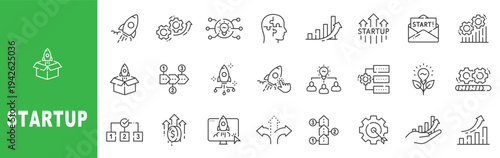 Startup line icon set featuring rocket launch, business growth, innovation strategy, analytics and editable stroke outline symbols.