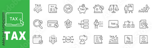 Tax line icon set featuring finance, accounting, percentage rates, filing documents and editable stroke outline symbols.
