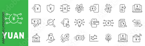 Yuan currency line icon set featuring renminbi finance, digital payment, banking transactions and editable stroke outline symbols.