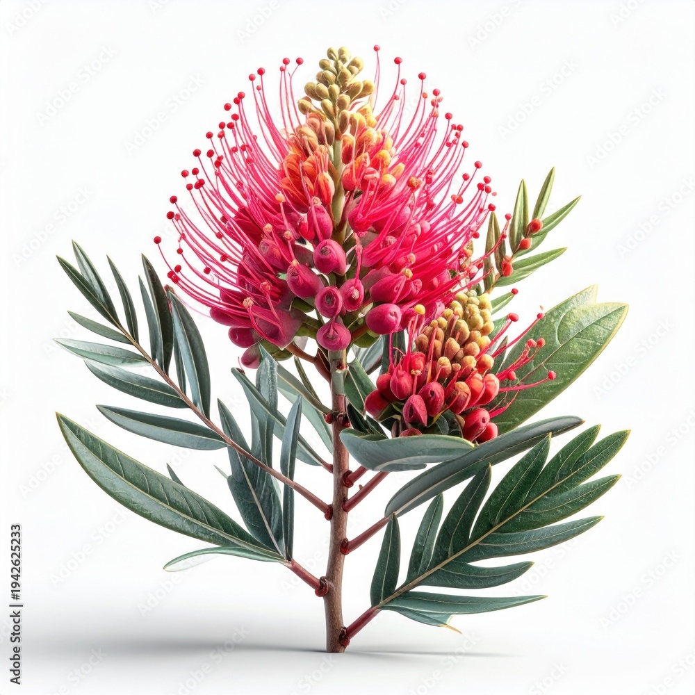 Fototapeta premium Pink And Yellow Grevillea Flower With Developing Buds And Fresh Green Leaves Tall Australian Native Bloom With Intricate Spiky Texture isolated on white background