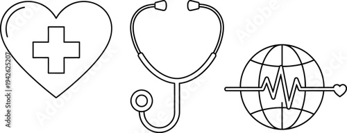 Simple black and white outline icons representing global health awareness care and medical monitoring concepts effectively