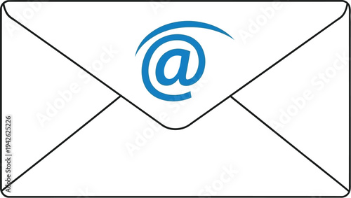 Clean and minimalist digital communication concept with a white outline email envelope featuring a prominent blue at symbol illustration.